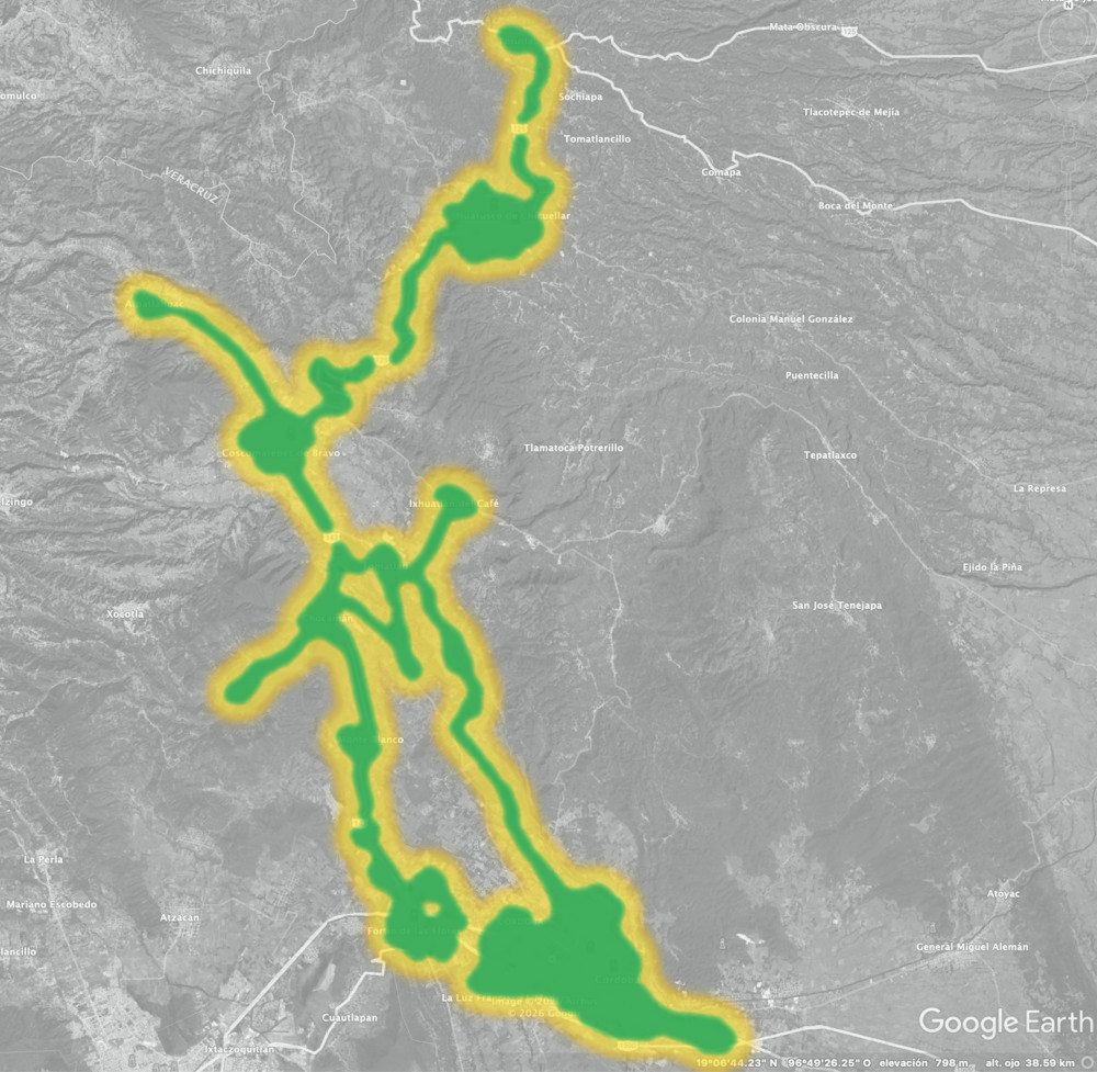 Mapa de la región centro de Veracruz. Las zonas en verde, con borde amarillo, muestran la red de Rocket Net entre Totutla, Huatusco, Alpatláhuac, Coscomatepec, Ixhuatlán del Café, Tomatlán, Chocamán, Monte Blanco, Fortín y Córdoba.